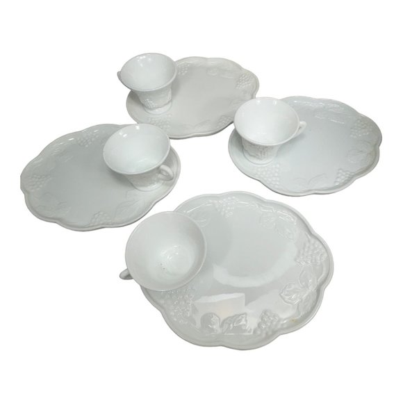 Indiana Colony Tea Cup Plate Milk Glass White Harvest Grape Snack Trays Set of 4 - Picture 9 of 10